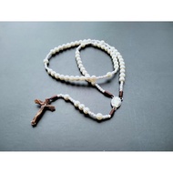 R418 ROSARY PEARL CROSS CONTASS WHITE STARFRUIT THREAD BW PREMIUM CATHOLIC