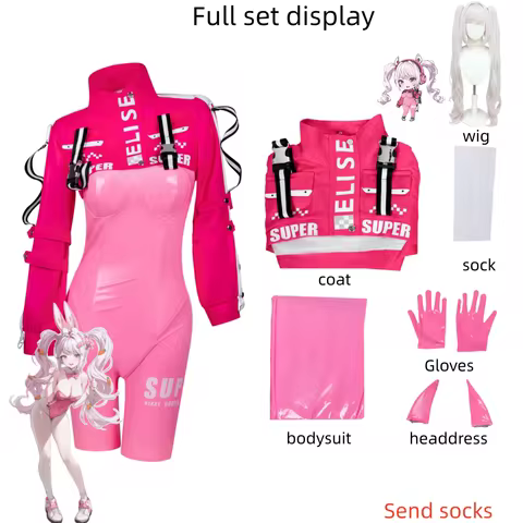 Victory Goddess cosplay complete outfit including leather jumpsuit, jacket, wig, and bunny ear acces