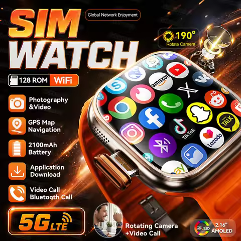 5G/4G Globally Universal SIM Smart Watch AMOLED Screen 190 ° Rotating Camera Video Call GPS 8+128GB