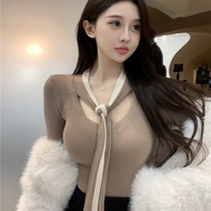 Dress Pure desire sweet hot girl tie sexy v-neck top female design sen纯欲甜辣妹领带性感v领上衣女设计感绑带独特别致紧身打底衫4.20