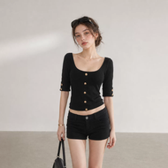 RUSHIWEN | Black Buttons Squared Collar 5/8 Sleeve Fitted Tee Shirt