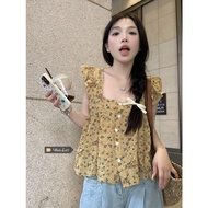 Navel Hot Girl Small Shirt Short Sleeve Chiffon Flying Sleeve 2025 Square Neck French Short Shirt Fl