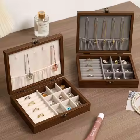 Walnut Wood Jewelry Organizer Box Hinged Lid Metal Latch Hanging Panel Dust-Proof Velvet Interior Wo