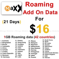 M1 Maxx Roaming Data $16 | Add-On | 1GB Data | Roaming Data| Recharge| 21 Days | Maxx | 42 Countries