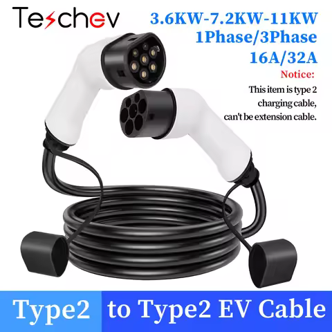 Teschev 32A 7KW Type 2 to Type 2 EV Charging Cable 11kW 16A 3 Phase Mode 3 IEC 62196-2 EV Cable for 