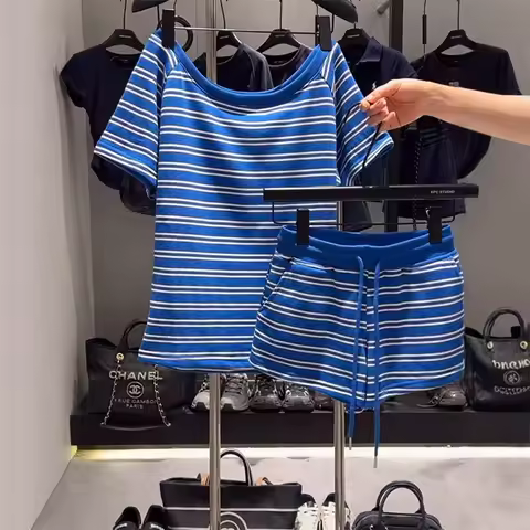 Limiguyue Blue White Stripe Summer 2 Piece Set Women Shorts Suit Short Sleeve Sport T Shirt Drawstri