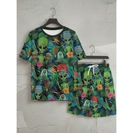 Men's 3D Digital Printing Crew Neck Short-Sleeve Set, Eye-Catching for Summer Beaches, Alien Invasio