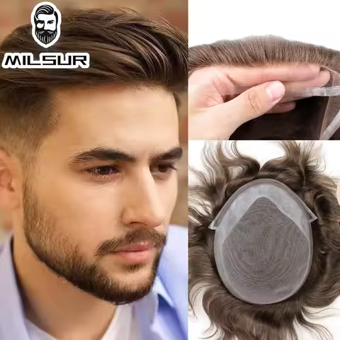 Men's Toupee Lace & PU Base Wigs Human Hair Replacement System Unit For Men Durable Male Hair Prosth