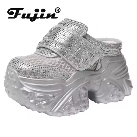 Fujin 9cm Air Mesh Microfiber Leather Women Bling Vulcanize Platform Wedge Flats Chunky Sneakers Sli