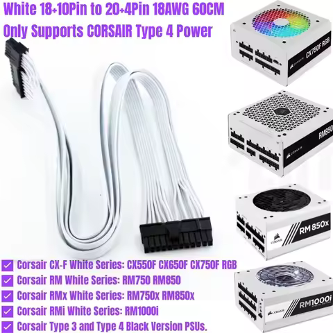 White 18+10Pin to 24Pin ATX Motherboard Power Cable for Corsair CX550F CX650F CX750F RM750 RM850 RM7