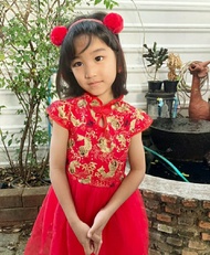 ุชุดจีน ชุดจีนเด็กหญิง เดรสสีแดงลายปลา กระโปรงฟูฟ่องน่ารัก ขนาดสำหรับเด็กอายุ 3-6 ขวบ