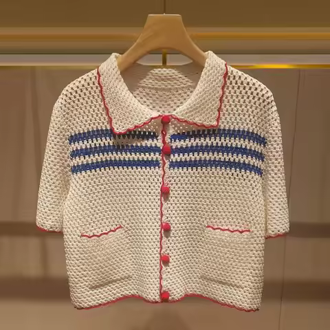 2026 Summer New Dopamine Cardigan Peter Pan Collar Short Crochet Hollow Color Matching Knitted Short