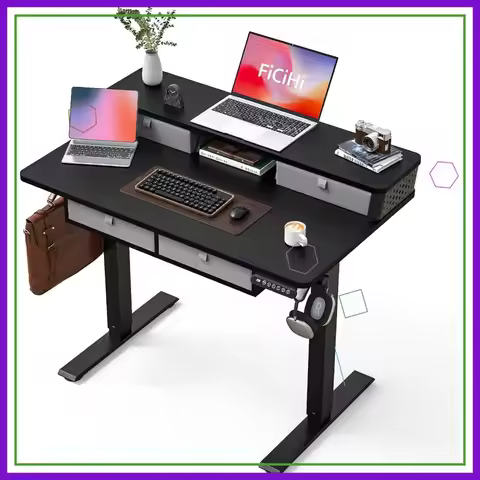 Electric Adjustable Height Standing Desk with 4 Drawers, 40x24 Inch, C-Clamp Compatible, Storage She