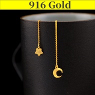 Gold 916 Original Singapore Earrings Women Korean Star and Moon Ear Line Female Small Fresh Earring Jewelry Best Jewelry