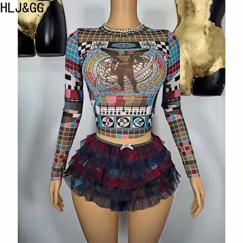 HLJ&GG Y2K Fashion Trend Multicolour Two Piece Sets Women Round Neck Mesh Long Sleeve Crop Top + Ruf