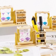 Wooden Pen Holder with 2-COLOR SAND CLOCK printed with cute patterns, Pen Holder for desk decoration