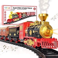 TEMI Train Set with Steam Locomotive Engine, Cargo Car and Long Track for Toddlers 3-5, Rechargeable Battery Operated Play Train Toys with Smoke, Light &amp; Sounds, Gift for Kids, Boys &amp; Girls 4-7 Years