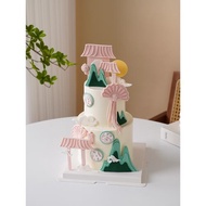 網紅古風雙層翻糖蛋糕裝飾扇子大山祥云diy硅膠模具周歲生日蛋糕