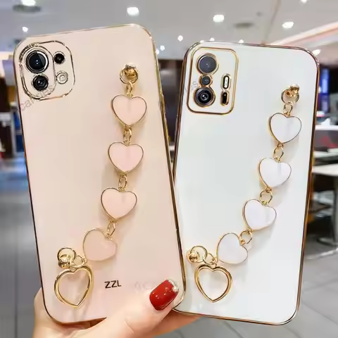 Plating Love Heart Bracelet Chain Case For Xiaomi Mi 11 Lite 5g Ne 11T Pro Mi11 T 12 12x Luxury Wris