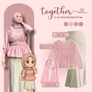 One Set 3 In 1 Pinky Girl l Shirred Blouse - Span Skirt - Hijab Pashmina l Trending Adorable Outfit 