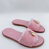 LV路易威登/36碼/粉色滿印鎖頭平底拖鞋