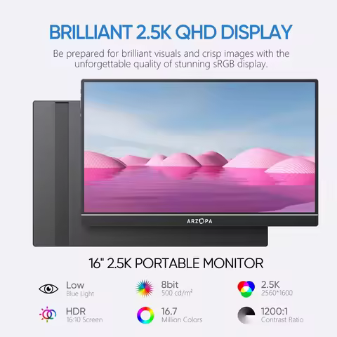 ARZOPA 16" 2.5K QHD Portable Monitor 16:10 IPS Screen with type-c mini hdmi Second Display for MAC/L