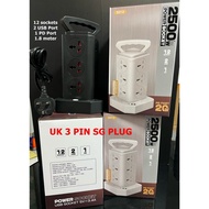Socket 12 socket tower type with 2 USB &amp; 1 PD port one stop ON &amp; OFF button 1.8meter 3 PIN SG Plug