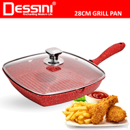 Dessini 28CM Granite Grill Pan With Glass Lid Granite Stone Casserole Set Periuk Batu Non-Stick  Pem