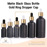 Matte Black Glass Bottle 10ml to 100ml + Sanded Gold Ring Glass Dropper Cap for Serum, Toner, Essent