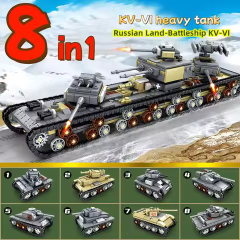 8IN1 Ww2 Military Tanks KV-VI Heavy Tank Russian Land-Battleship KV-VI Tiger Tank Education Toys for