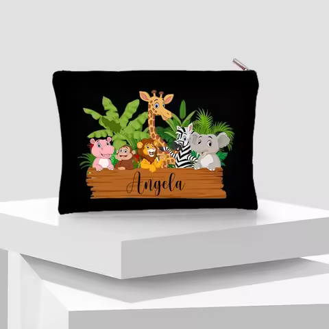 Kawaii Animal Custom Name Cosmetic Bag Children Pencil Case Elephant Giraffe Lion Cartoon Makeup Box