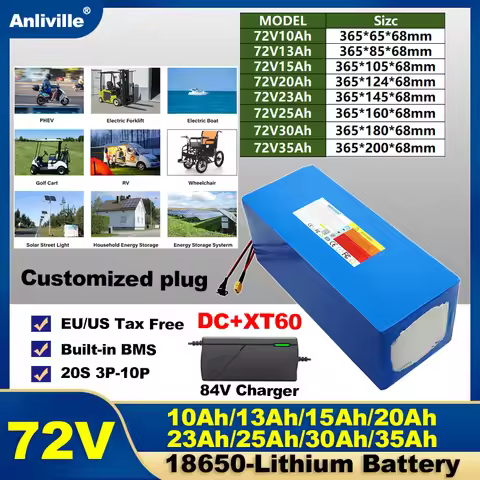 New 72V 10Ah/13Ah/15Ah/20Ah/23Ah/25Ah/30Ah/35Ah 18650 Lithium Battery For 72V 0-2800W Motor Electric