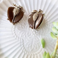 【西洋古董飾品】Lisner 果實蕊 立體自然葉片咖啡豆感耳夾 耳環
