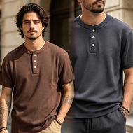 OKONKWO basic Waffle 230g solid color Henry collar short sleeved T-shirt Henry shirt TEE
