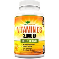 Vitamin D 3000 IU, suplemen Vitamin D3 pekat tinggi, 365 kapsul lembut yang mudah ditelan - bekalan 