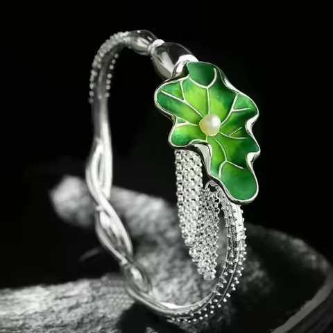 Cloisonne Fresh Enamel Green Lotus Leaf Lotus Root Pearl bangles Vintage Thai Silver charm bracelet 