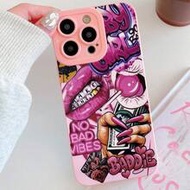 Y2K Baddie Graffiti Phone Case, Lips & Dollar Bill Print, Fashionable Protective Cover, Pink Aesthet