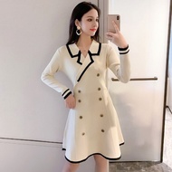 Retro France Knit Dress Korean Brand Slim Waist Long Sleeve A Line Dress
