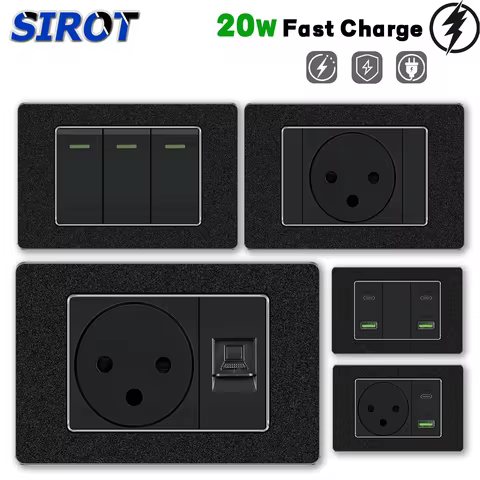 SIROT 16A Israel Standard Power Socket,USB Type-C 20W Charge Port, 118*86mm Acrylic Black Panel Wall
