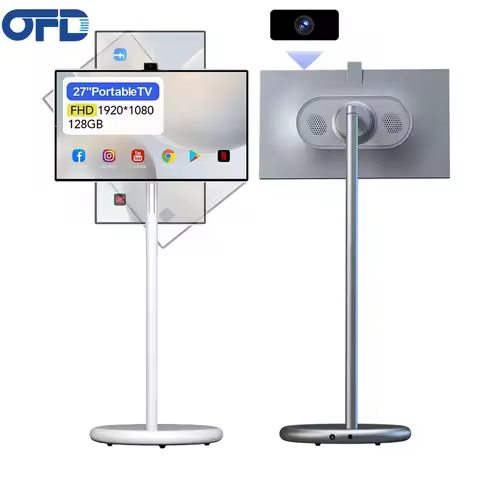 2025 New Stand Portable Tv for Indoor Android 15 Mobile Smart Tv on Wheels OFD 27 Inch Portable Moni