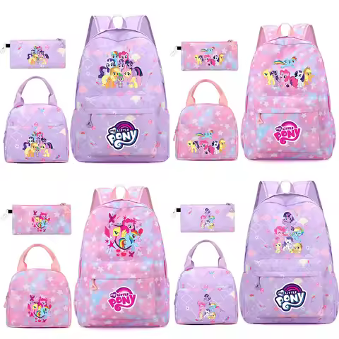 3Pcs/Set My Little Pony Fish Scale Colorful Backpack for Women Casual School Bags with Lunch Bag Gir