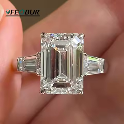 5CT 10CT Emerald Cut Moissanite Rings Baguette 3-Stone Lab Grown Diamond Engagement Ring for Women 9