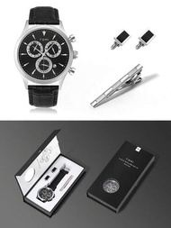 Tomi石英手錶和配件套裝,帶優雅禮盒,包括六針計時手錶、袖扣和領帶夾,是假期、商務和日常生活的完美禮物