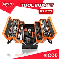 REAIM 85pcs Tool Box Set Heavy Duty Storage Cantilever Metal ToolBox Set Socket Set 1/4&1/2 Spanner 