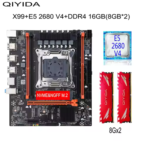 QIYIDA X99 Gaming Motherboard Kit with Xeon E5 2680 V4 DDR4 16GB=8Gx2 RAM M.2 NVME NGFF SATA USB for