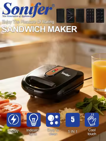 5 in 1 Sandwich Maker Sonifer SF-6114 750W Multi Function Grill Waffle Maker Non Stick Removable Pla