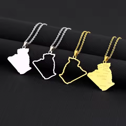Africa Algeria Map City Pendant Necklace Stainless Steel Gold Steel Color Algérie Men Women Country 