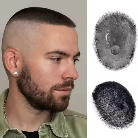 100% Human Hair 15*20cm Men's PU Topper Black Buzz Cut Toupee Ultra Thin Breathable Natural Looking 