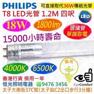 PHILIPS 飛利浦 Ecofit（單端）T8 4000K 中性 / 6500K 白光 18W LED 光管 1800流明 1.2M 四呎 15000小時壽命 香港行貨 保用一年