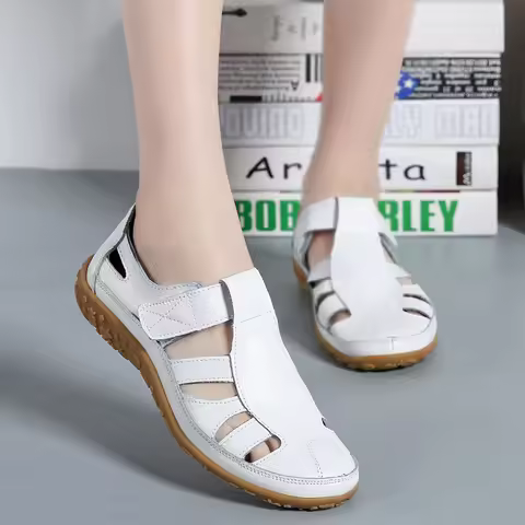 Women Gladiator Sandals Split Leather Summer Shoes Woman Hollow Out Flat Sandals Ladies Casual Soft 
